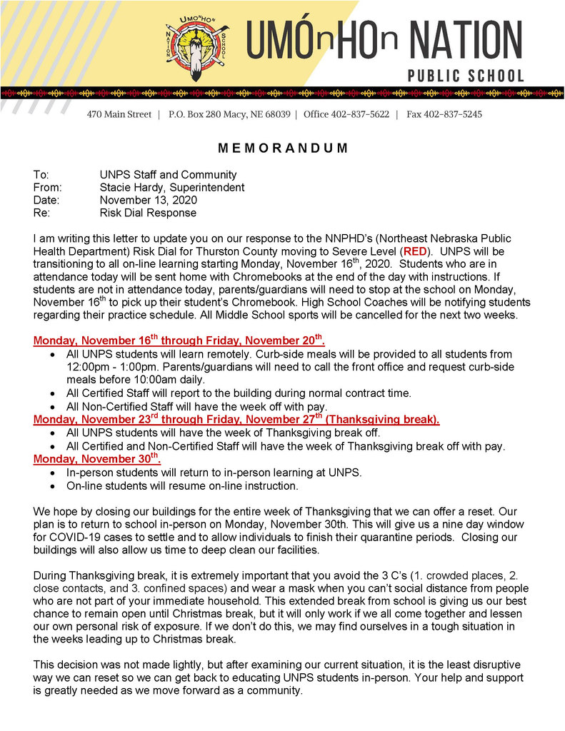 Memo to Staff and Community 11-13-20
